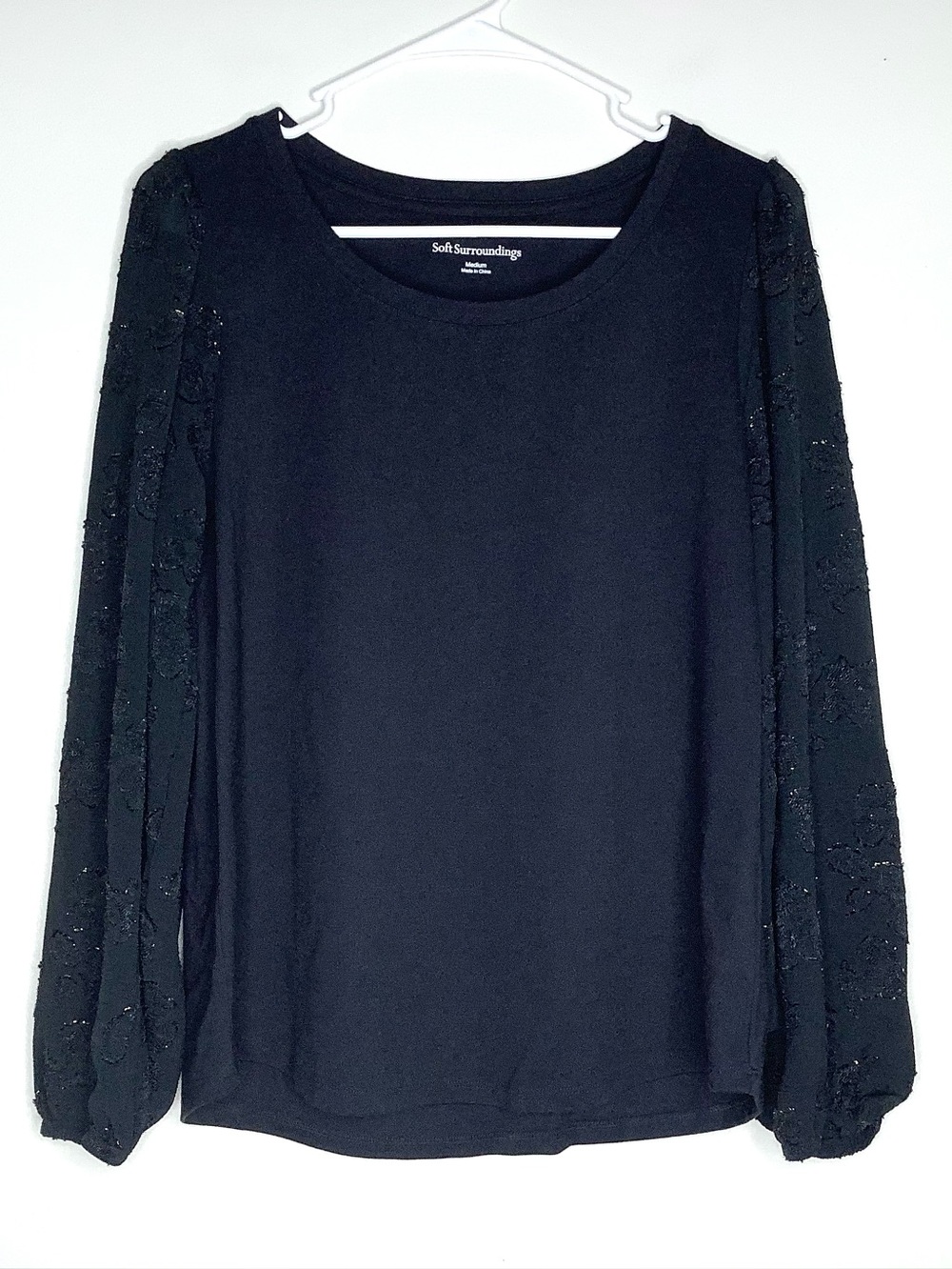 < Soft Surroundings Black Long Sleeve Top With Lace Sleeve Detail >